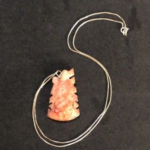 Natural 1950s Hand Carved Japanese Rhodonite Stone Pendant Necklace.